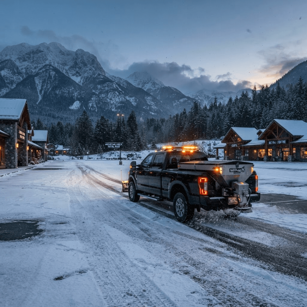 Commercial salting truck servicing a snowy parking lot