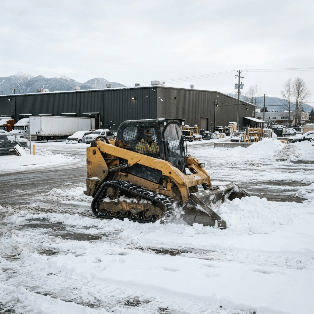 Tracked skid steer clearing a commercial parking lot