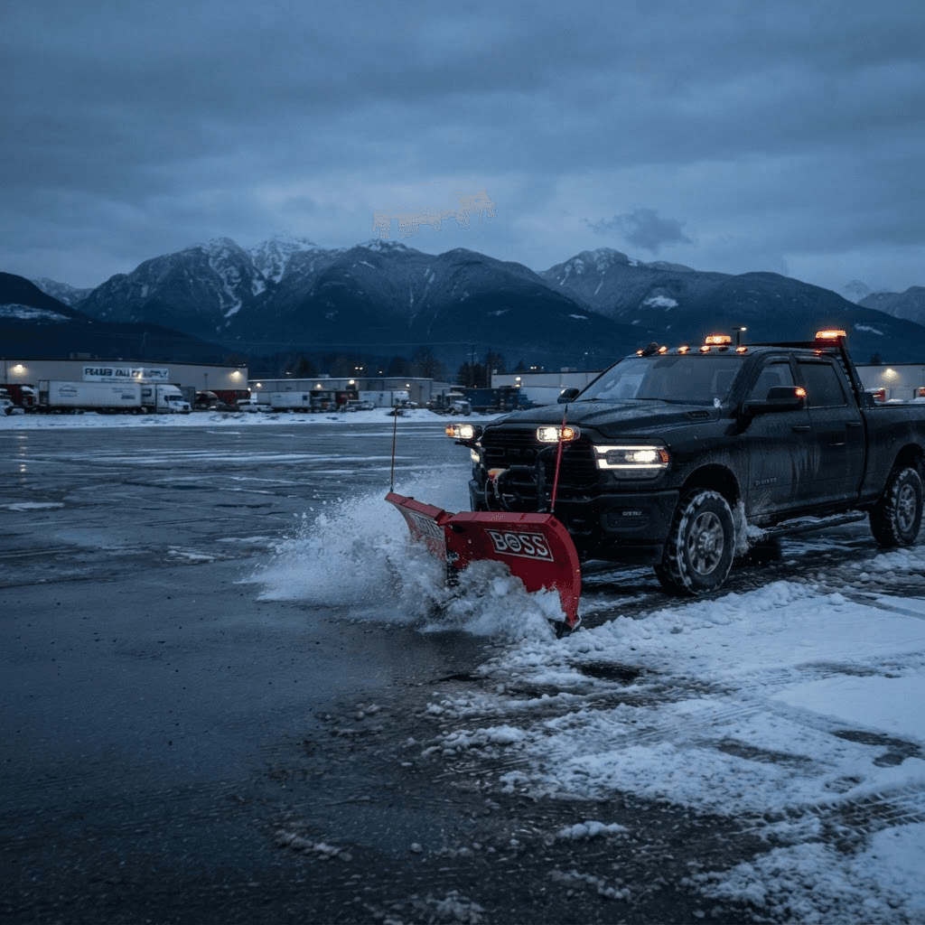 Heavy-duty pickup clearing snow with a red plow